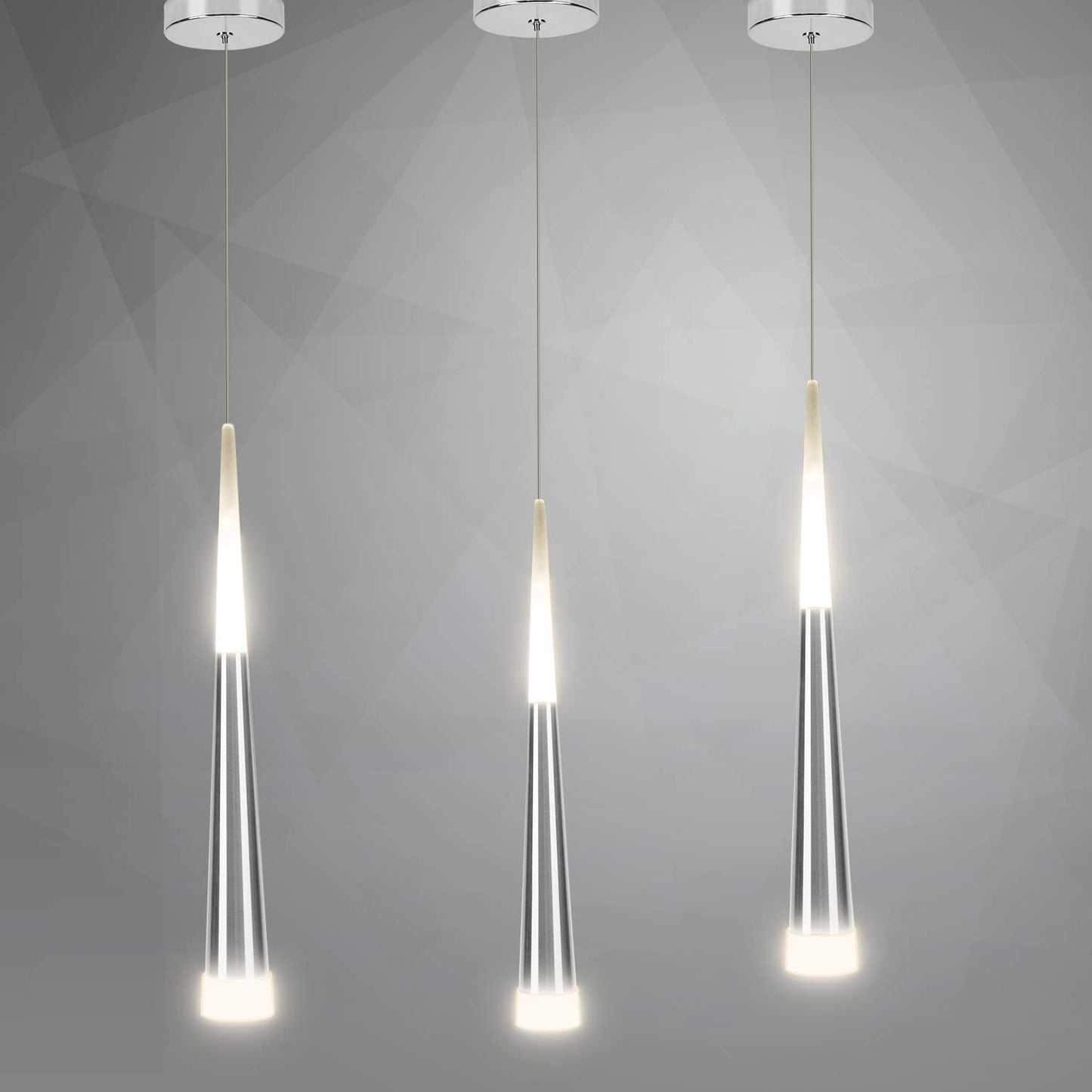 3 Modern Glass & Metal Pendant LED Light Hanglamps with slim 45cm long cone design-3 Individual Lights-Distinct Designs (London) Ltd