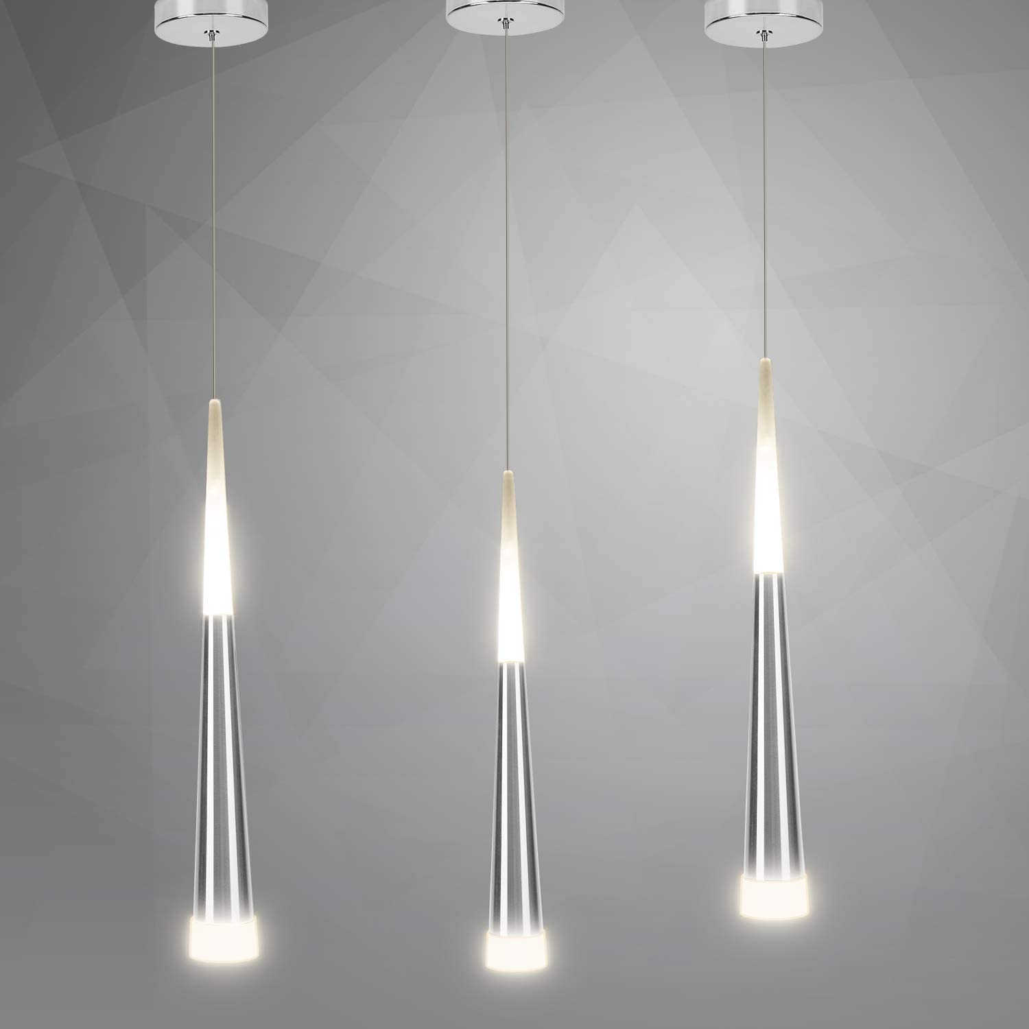 3 Modern Glass & Metal Pendant LED Light Hanglamps with slim 45cm long cone design-3 Individual Lights-Distinct Designs (London) Ltd