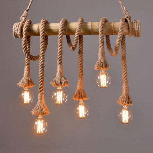Vintage Rope and Bamboo Pendant Lights in Country Loft Nautical Style-6 Heads-Distinct Designs (London) Ltd